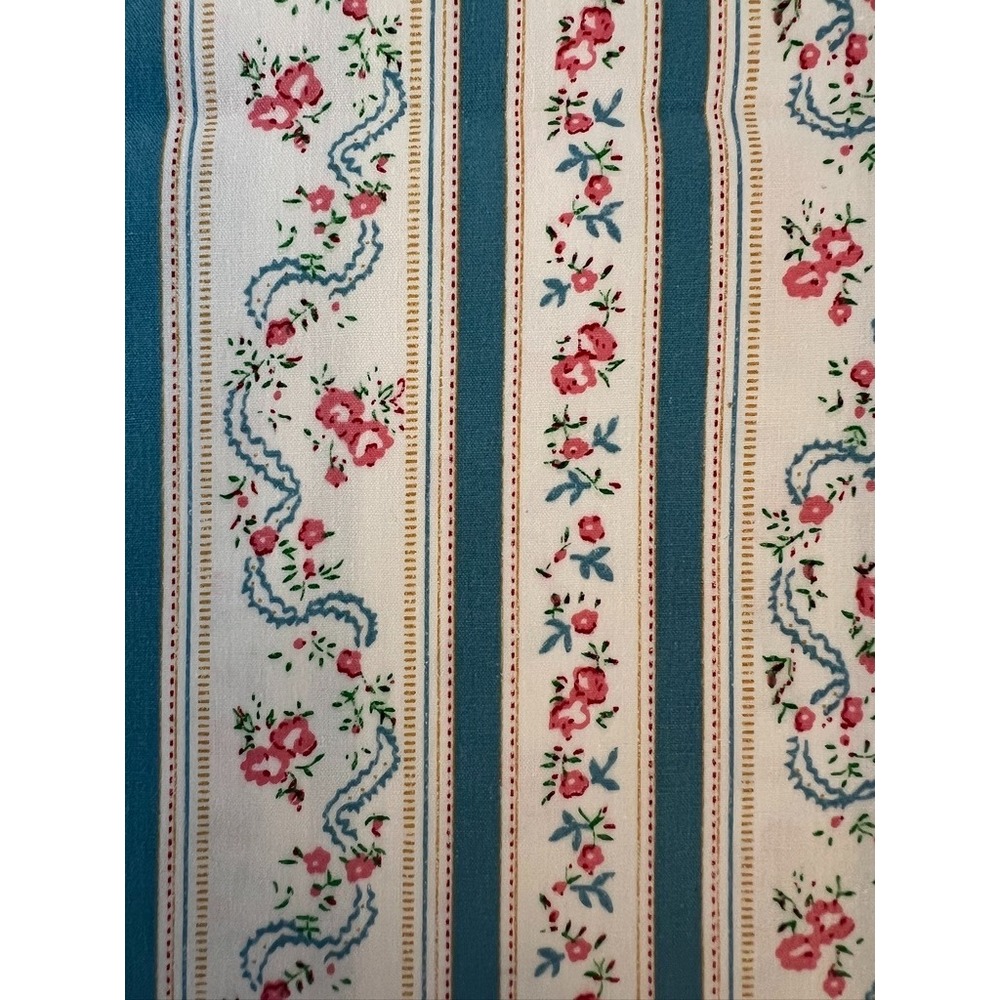 Fabric - Antique Belvedere Romantic Rococo Ticking Floral Ribbon Blue Stripe BTY